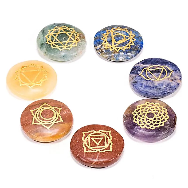 Seven Chakra Symbols Engraved Circular Flat Stones - Flying Wild